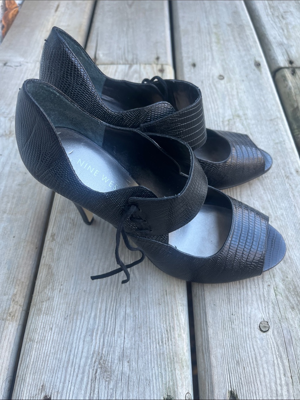 Nine West Black Textured Lace-Up Peep-Toe Heels